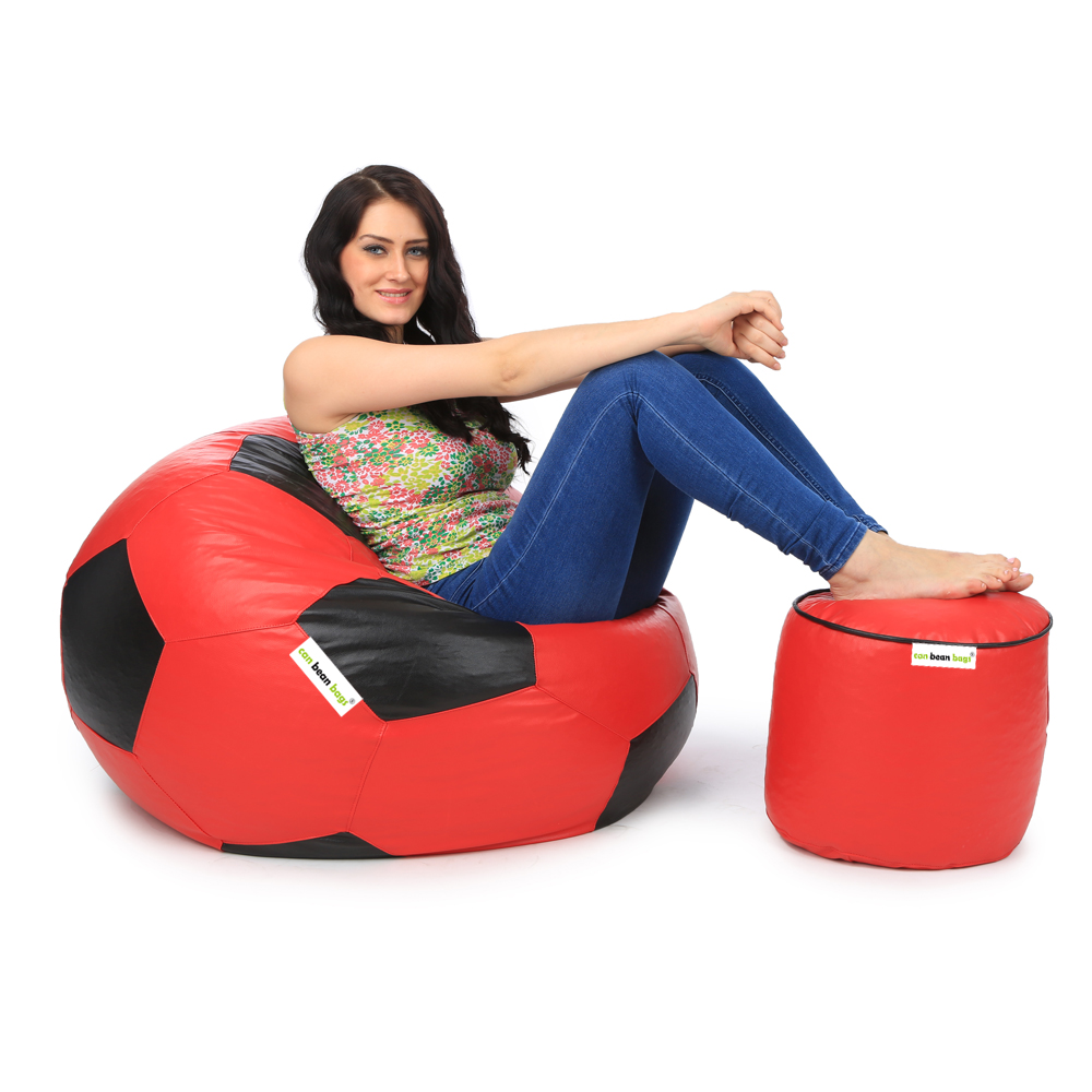 Orka Classic XXXL Foorball With Mathching Footstool Filled Bean Bag With Beans (Red, Black)